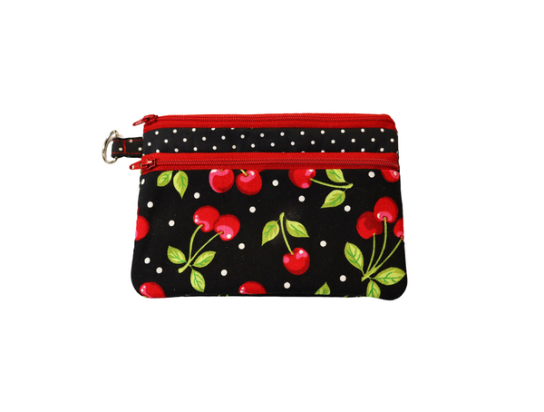 Cherries and Polka Dots Double Zipper Pouch: Small or Large Bag