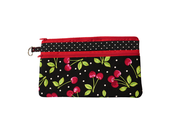 Cherries and Polka Dots Double Zipper Pouch: Small or Large Bag