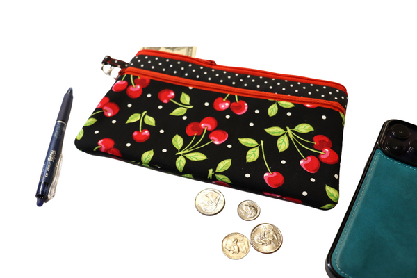 Cherries and Polka Dots Double Zipper Pouch: Small or Large Bag