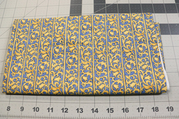 Blue and Gold Scroll Quilt Fabric - 1/2 Yard