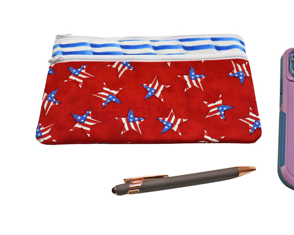 Patriotic Double Zipper Pouch: Red White Blue Cosmetic Bag