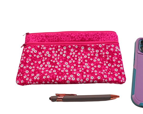 Pink Floral Double Zipper Pouch: Large Cosmetic Bag with Pocket