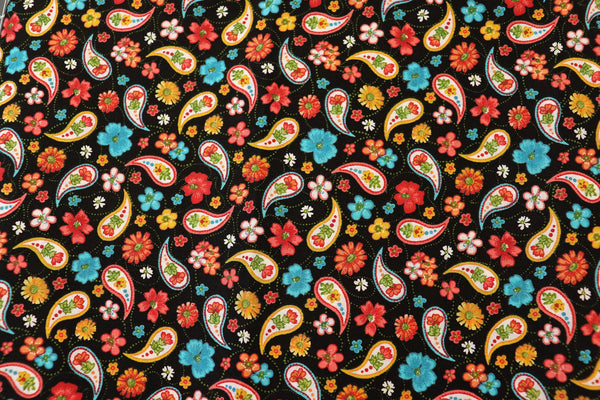 2 yd Paisley Quilt Cotton Fabric: Colorful Floral on Black