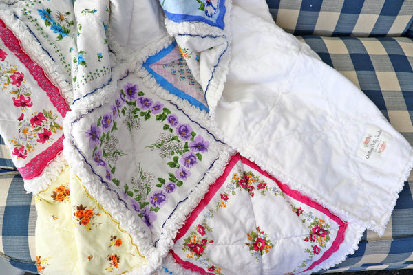 Handkerchief Rag Quilt. New Vintage Style Hankies Quilt with Flowers. Floral Hanky Lap Quilt for Her.