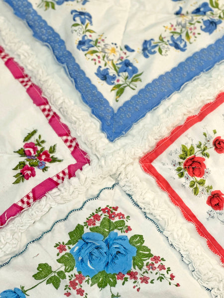 Handkerchief Rag Quilt. New Vintage Style Hankies Quilt with Flowers. Floral Hanky Lap Quilt for Her.