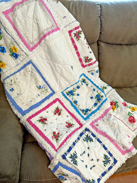 Handkerchief Rag Quilt. New Vintage Style Hankies Quilt with Flowers. Floral Hanky Lap Quilt for Her.