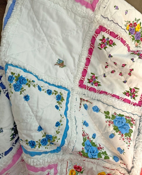 Handkerchief Rag Quilt. New Vintage Style Hankies Quilt with Flowers. Floral Hanky Lap Quilt for Her.