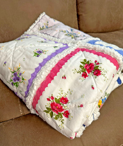 Handkerchief Rag Quilt. New Vintage Style Hankies Quilt with Flowers. Floral Hanky Lap Quilt for Her.