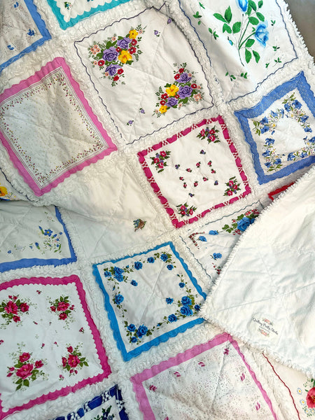 Handkerchief Rag Quilt. New Vintage Style Hankies Quilt with Flowers. Floral Hanky Lap Quilt for Her.