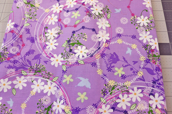Purple Floral Cotton Fabric: 1 1/4 yd Quilting Material