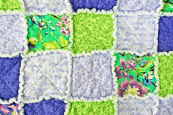 Purple and Green Floral Rag Quilt. Lap Quilt for Mother's Day Gift. Sunroom Decor. Rag Quilt Throw.