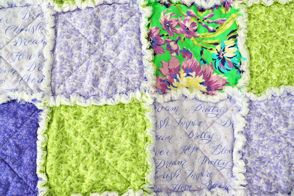 Purple and Green Floral Rag Quilt. Lap Quilt for Mother's Day Gift. Sunroom Decor. Rag Quilt Throw.