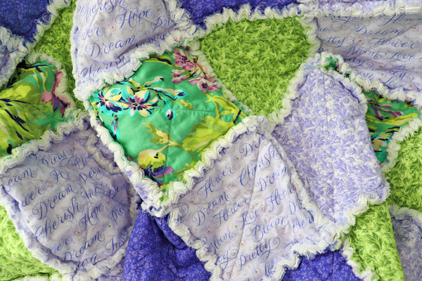 Purple and Green Floral Rag Quilt. Lap Quilt for Mother's Day Gift. Sunroom Decor. Rag Quilt Throw.