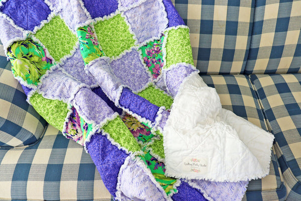 Purple and Green Floral Rag Quilt. Lap Quilt for Mother's Day Gift. Sunroom Decor. Rag Quilt Throw.