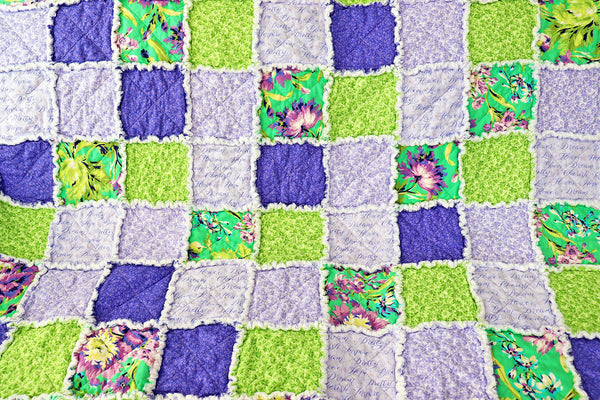 Purple and Green Floral Rag Quilt. Lap Quilt for Mother's Day Gift. Sunroom Decor. Rag Quilt Throw.