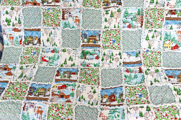 Christmas Village Rag Quilt: Snowmen & Cardinals Holiday Lap Quilt