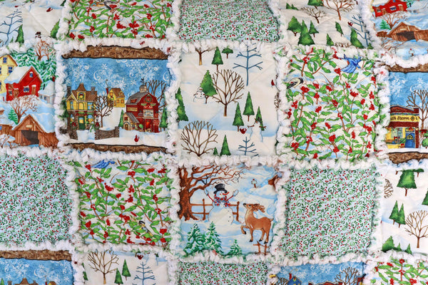 Christmas Village Rag Quilt: Snowmen & Cardinals Holiday Lap Quilt