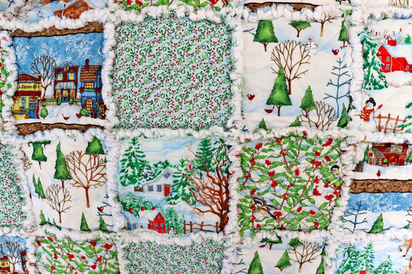 Christmas Village Rag Quilt: Snowmen & Cardinals Holiday Lap Quilt