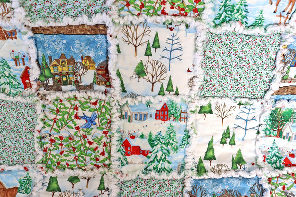 Christmas Village Rag Quilt: Snowmen & Cardinals Holiday Lap Quilt