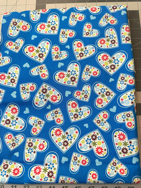 M'Liss Spring Floral II Cotton Fabric: Blue Heart Quilt Material 2 5/6 yd