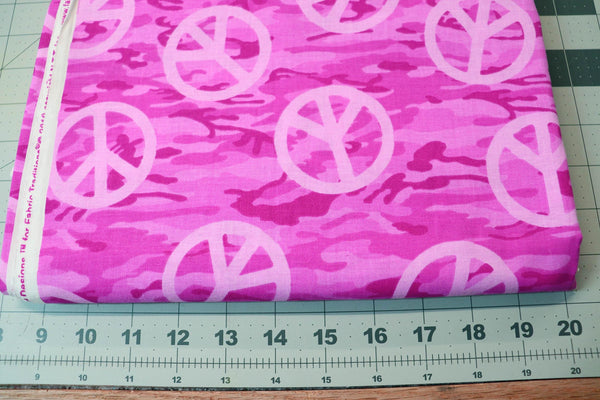 Pink Peace Sign Camouflage Cotton Fabric - 3 yd.