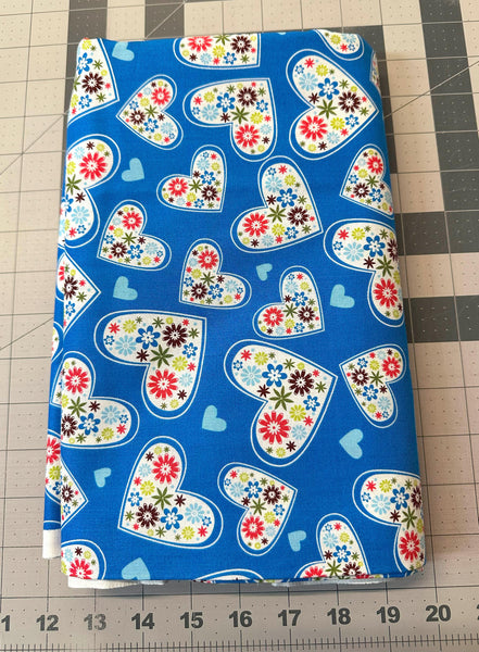 M'Liss Spring Floral II Cotton Fabric: Blue Heart Quilt Material 2 5/6 yd