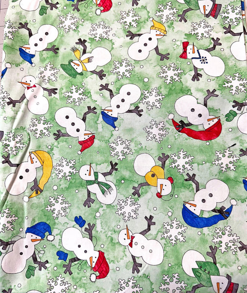 How to Build a Snowman Quilt Fabric: Green Cotton with Snowflakes 2 yd