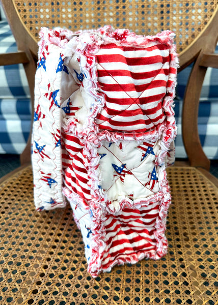 Patriotic Stars and Stripes Rag Quilt Tote Bag with Pockets