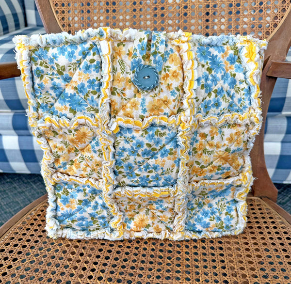 Floral Rag Quilt Tote Bag: Blue & Yellow Handmade Purse with Pockets