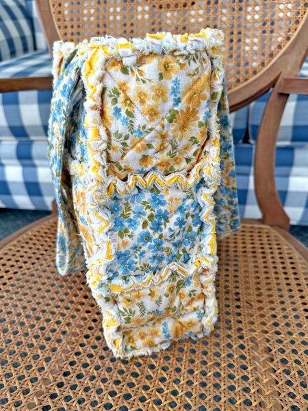 Floral Rag Quilt Tote Bag: Blue & Yellow Handmade Purse with Pockets