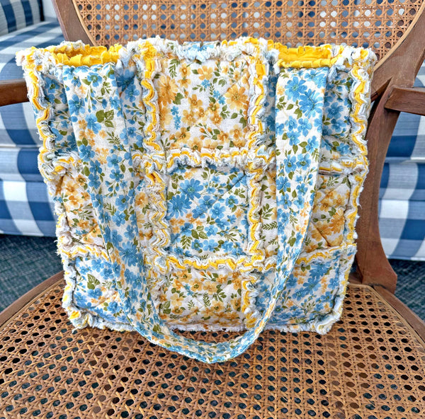 Floral Rag Quilt Tote Bag: Blue & Yellow Handmade Purse with Pockets