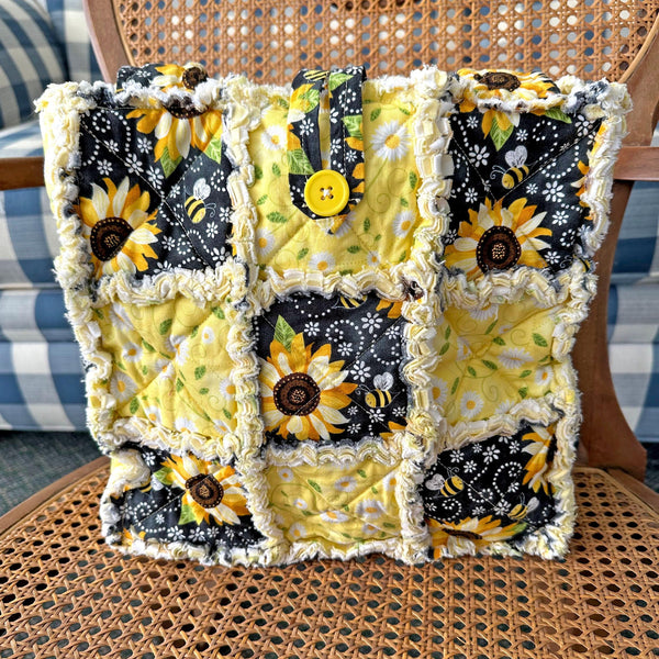 Sunflower Rag Quilt Tote Bag: Handmade Summer Purse with Pockets