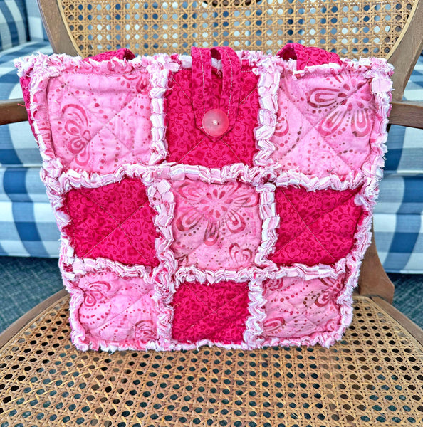 Pink Batik and Floral Rag Tote. Rag Quilt Tote. Gift for Mom. Craft Tote. Gift for Her. Tote Bag with Pockets.