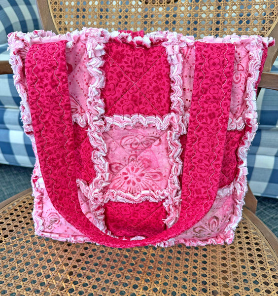 Pink Batik and Floral Rag Tote. Rag Quilt Tote. Gift for Mom. Craft Tote. Gift for Her. Tote Bag with Pockets.