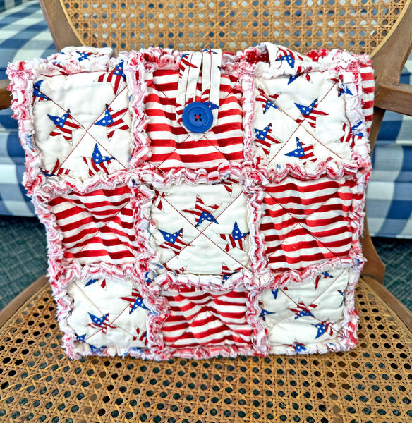 Patriotic Stars and Stripes Rag Quilt Tote Bag with Pockets