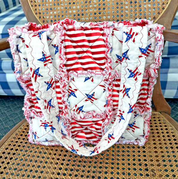 Patriotic Stars and Stripes Rag Quilt Tote Bag with Pockets