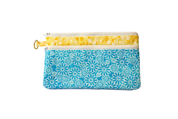 Daisy Double Zipper Pouch: Blue & Yellow Floral Bag