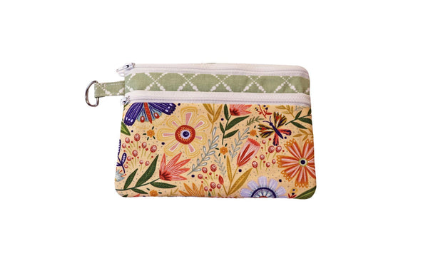 Floral Double Zipper Pouch: Yellow and Green Fabric Bag