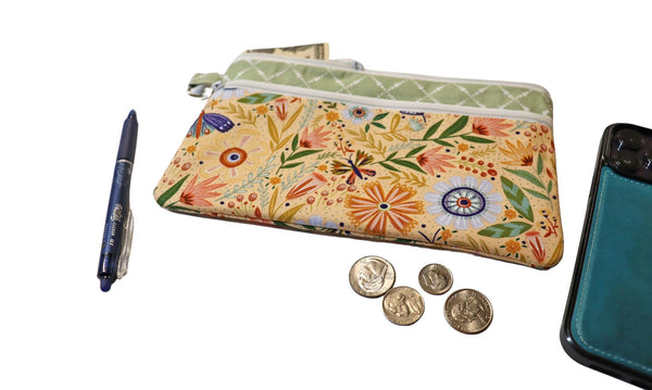 Floral Double Zipper Pouch: Yellow and Green Fabric Bag