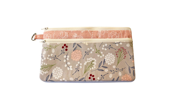 Floral Double Zipper Pouch: Pink & Gray Fabric Bag with Front Pocket