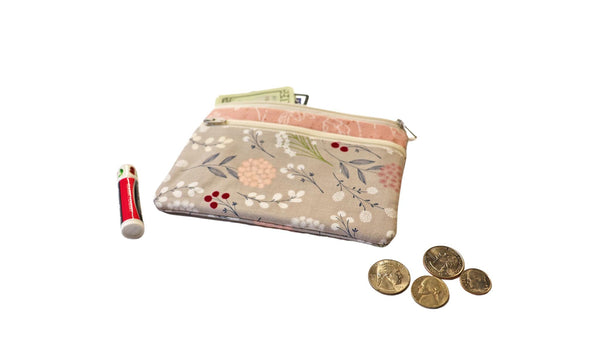 Floral Double Zipper Pouch: Pink & Gray Fabric Bag with Front Pocket