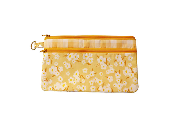 Yellow Floral and Checks Double Zipper Pouch: Small or Large Bag