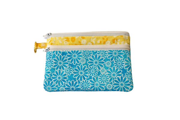 Daisy Double Zipper Pouch: Blue & Yellow Floral Bag