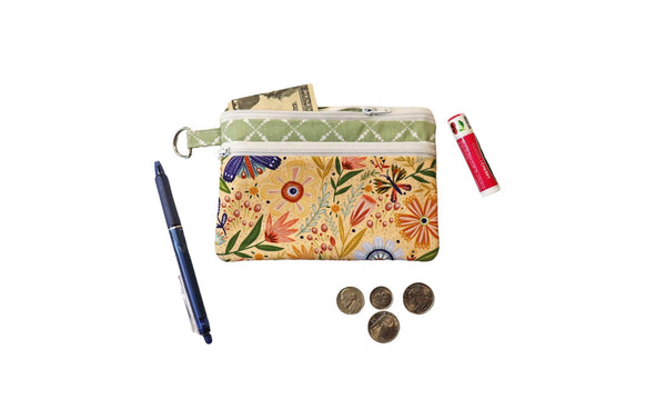 Floral Double Zipper Pouch: Yellow and Green Fabric Bag
