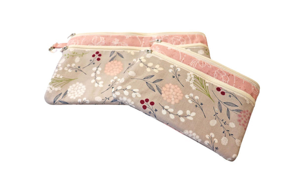 Floral Double Zipper Pouch: Pink & Gray Fabric Bag with Front Pocket