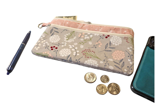 Floral Double Zipper Pouch: Pink & Gray Fabric Bag with Front Pocket