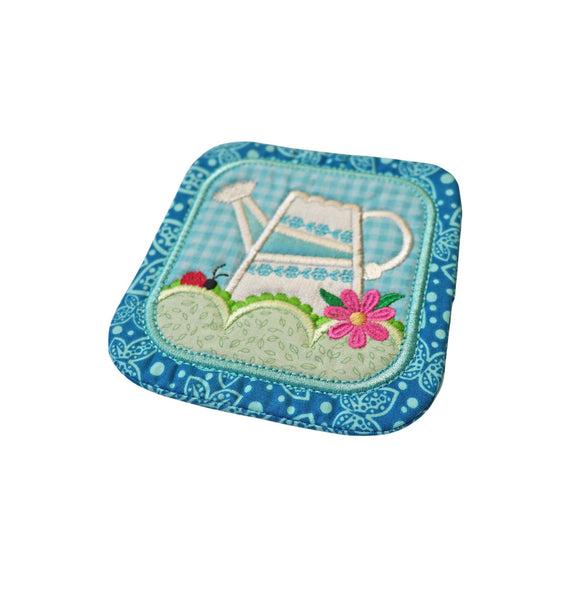 Embroidered Aqua Watering Can Coaster: Spring and Summer Floral Table Decor