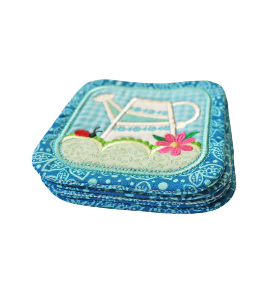Embroidered Aqua Watering Can Coaster: Spring and Summer Floral Table Decor