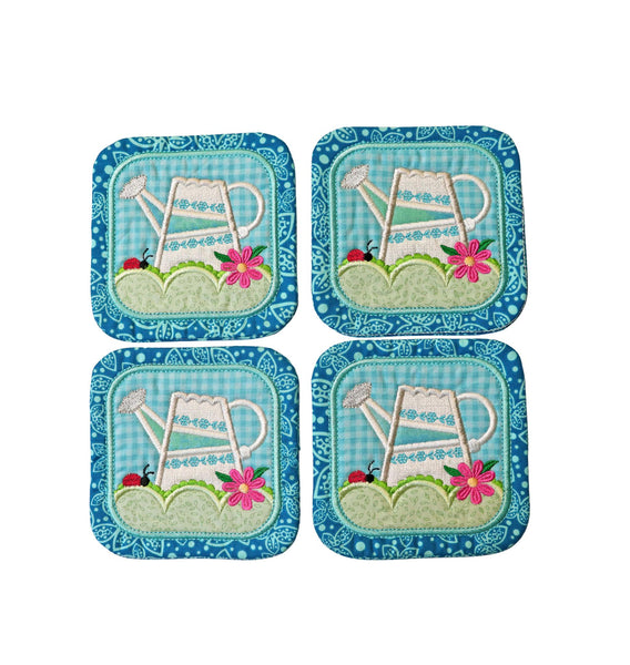 Embroidered Aqua Watering Can Coaster: Spring and Summer Floral Table Decor