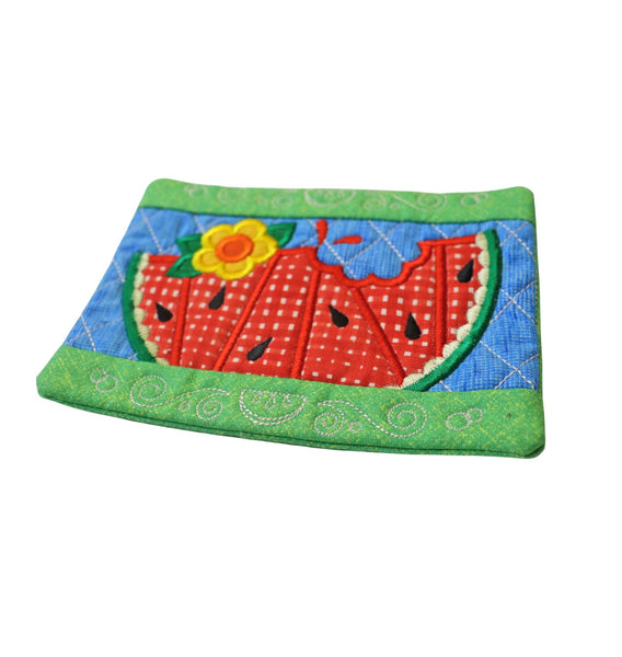 Embroidered Watermelon Mug Rug: Floral Summer Table Decor